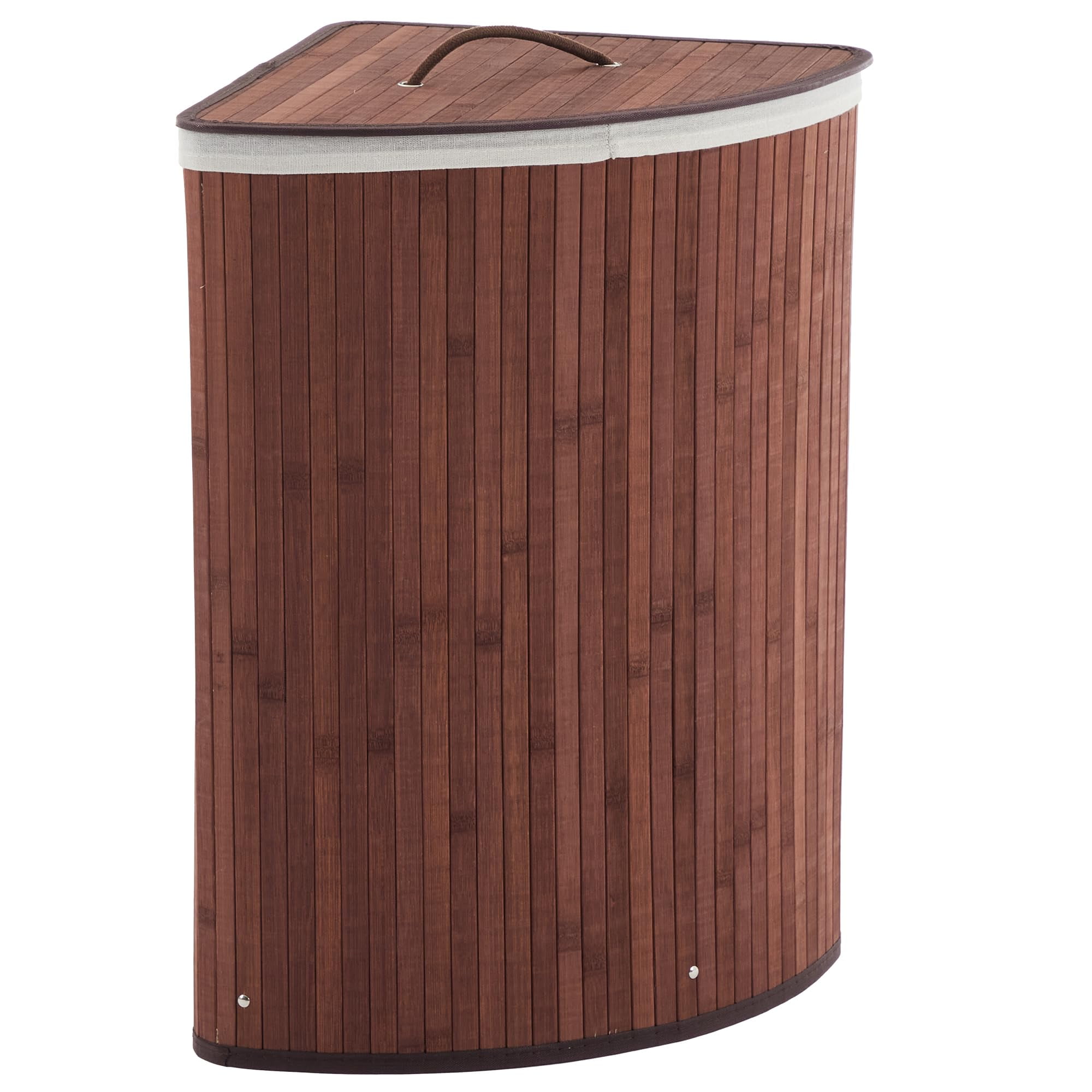 Corner Bamboo Laundry Hamper with Lid and Removable Liner, Washing Clothes Basket Storage Bin with Handle, Suitable for Bedroom, Bathroom, Laundry (Brown)