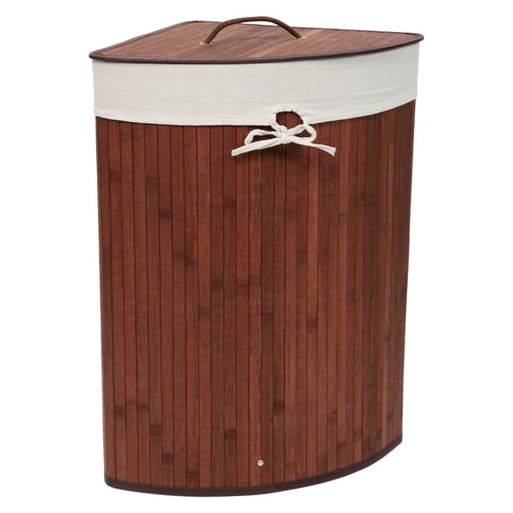 Corner Bamboo Laundry Hamper with Lid,Large Foldable Basket Storage Bin with Washable Liner Bag&Handle,Idea for Bedroom, Bathroom, Laundry