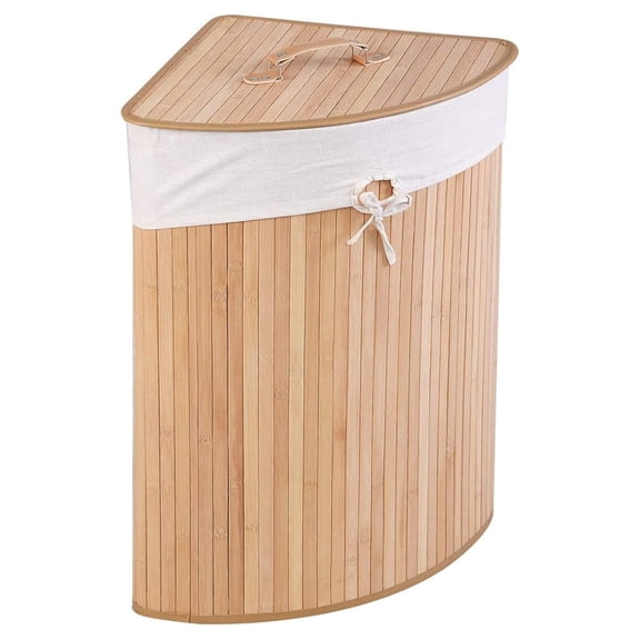 Corner Bamboo Laundry Hamper with Lid and Removable Liner, Washing Clothes Basket with Handle, Suitable for Bedroom, Bathroom, Laundry (Natural)