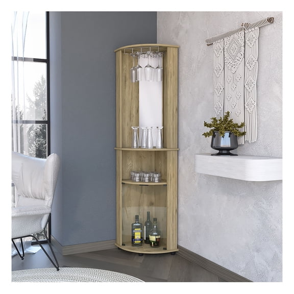 Corner Bar Cabinet, 3-Tier Shelf with Glass Rack Freestanding + 3-4 Shelves + Beige + Open Storage Space + Contemporary + Pine + Particle Board + Engineered Wood
