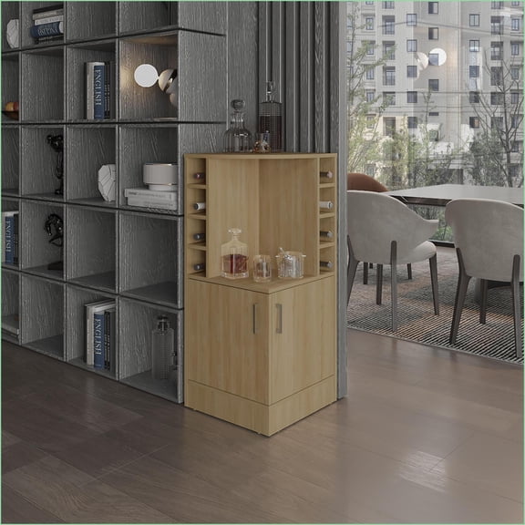 Corner Bar Cabinet 42" Tall Light Oak with 8 Wine Cubbies, Double Doors | Modern | Particle Board
