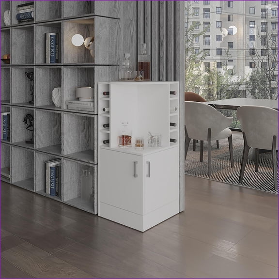 Corner Bar Cabinet 42 Tall with 8 Wine Cubbies, Double Door Storage, White | Modern | Particle Board