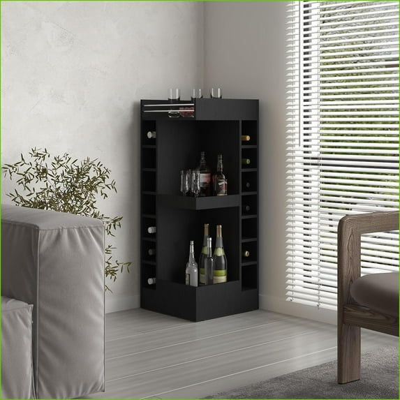 Corner Bar Cabinet 46” Tall 3-Tier with 14 Wine Cubbies & 2 Shelves Black | Modern | Particle Board