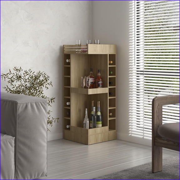 Corner Bar Cabinet, 46 Tall 3-Tier with 14 Wine Cubbies & 2 Shelves, Light Oak | Modern | Particle Board