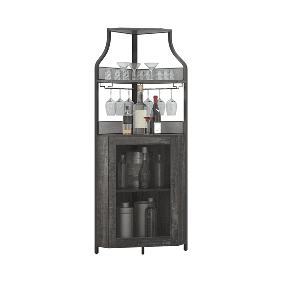 Corner Bar Cabinet, 61" Liquor Cabinet w/Glass Rack & Adjustable Shelves, 5-Tier Farmhouse Wine Cabinet w/Lockable Door & Adjustable feet for Dining Room, Living Room, Kitchen，Burnt color