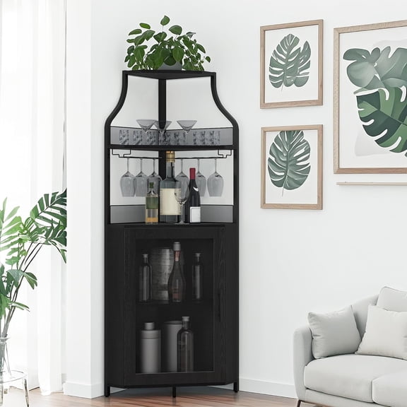 Corner Bar Cabinet, 61" Tall Farmhouse Wine Cabinet with Led Light & Detachable Wine Rack, 5-Tier  Wine Cabinet with Glass Holder & Adjustable Shelves & Feet for Dining, Living Room, Kitchen