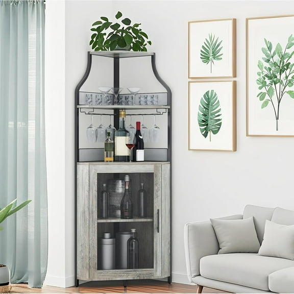 Corner Bar Cabinet, 61" Tall Farmhouse Wine Cabinet with Led Light & Detachable Wine Rack, 5-Tier Wine Cabinet with Glass Holder & Adjustable Shelves & Feet for Dining, Living Room, Kitchen
