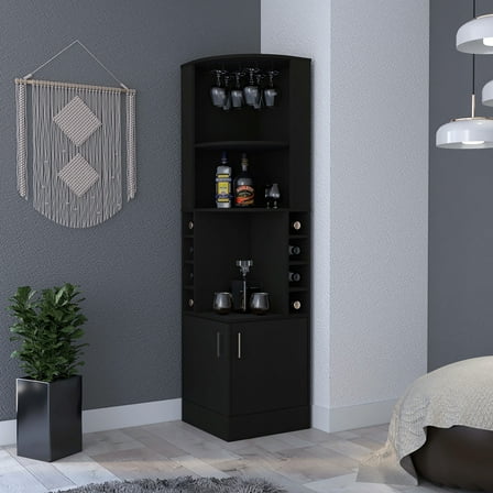 Corner Bar Cabinet, Black, Eight 4.4'' X Wine , Glass Rack Built-in Furniture, Holder Unit