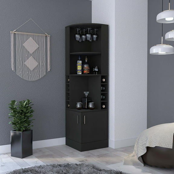 Corner Bar Cabinet Black, With Middle Display Area, 8 & 2 Shelves Black Storage Cabinet, For Herbal Wine Bottles, 12 Glasses Rack