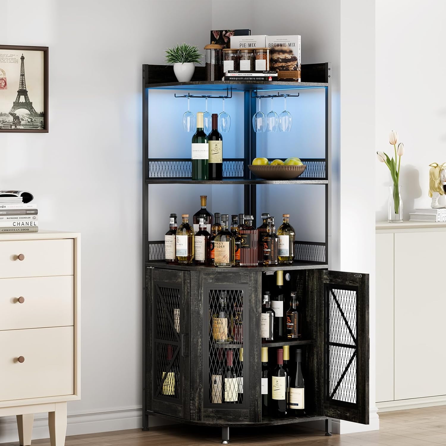 Corner Bar Cabinet with Charge Oult, 5-Tiers Wine Cabinet with LED Light and Glass Holder, Tall Home Liquor Cabinet for Living Room, Corner Display Cabinet for Home