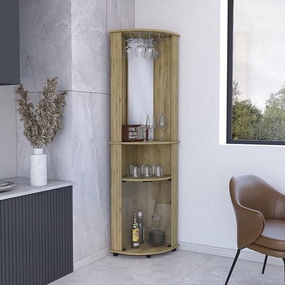 Corner Bar Cabinet | Fit Three Shelves in Small Room Corners | Particle Board with Macadamia Hue | Address Small - Space Storage Concerns