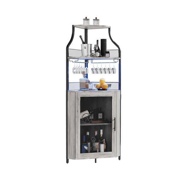 Corner Bar Cabinet Freestanding with Removable Wine Rack and Glass Holder 5-Tier Industrial Liquor Storage, Adjustable Shelves, Mesh Doors, Display Lights