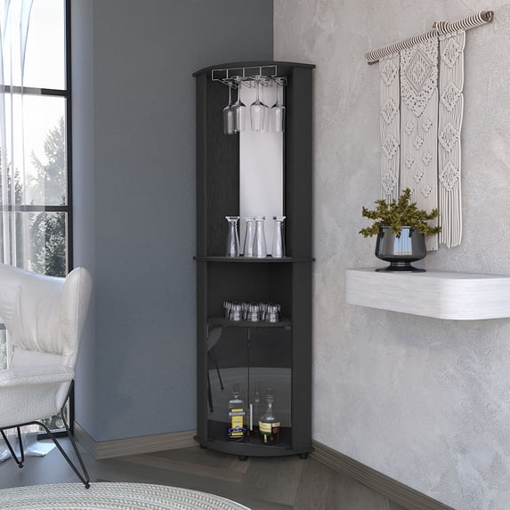Corner Bar Cabinet with Glass Doors, 75 Inch Tall Farmhouse Wine Bar Cabinet with Two Shelves and Stemware, Home Bar for Dining Room/Living Room/Kitchen, Black