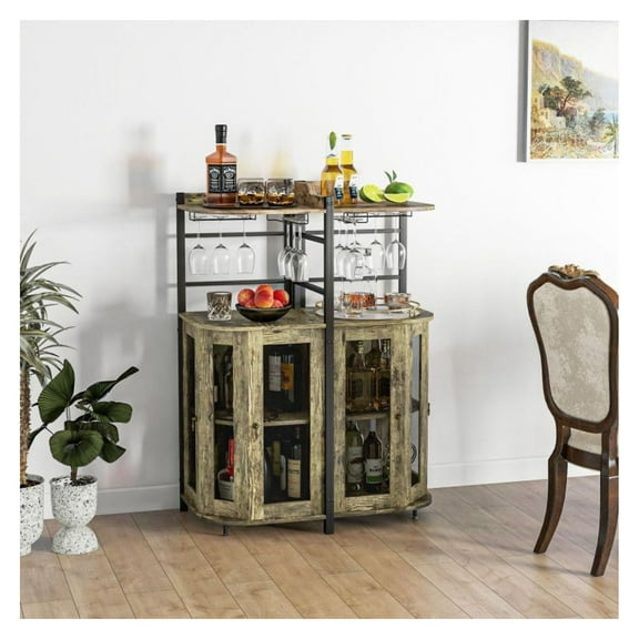 Corner Bar Cabinet with Glass Holder, Industrial Wine Cabinet with Adjustable Shelves, Rustic Brown/Taupe, Metal & Engineered Wood, Space Saving Design for Living Room, Kitchen