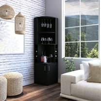 Corner Bar Cabinet In Black With Glass Rack & Double Door, 8 Built-in Wine , Stemware Shelf Rack, Beneath, 3 Open Shelves - Holder Below,
