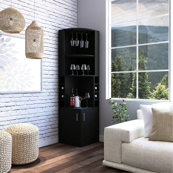 Corner Bar Cabinet In Black With Glass Rack & Double Door, 8 Built-in Wine , Stemware Shelf Rack, Beneath, 3 Open Shelves - Holder Below,