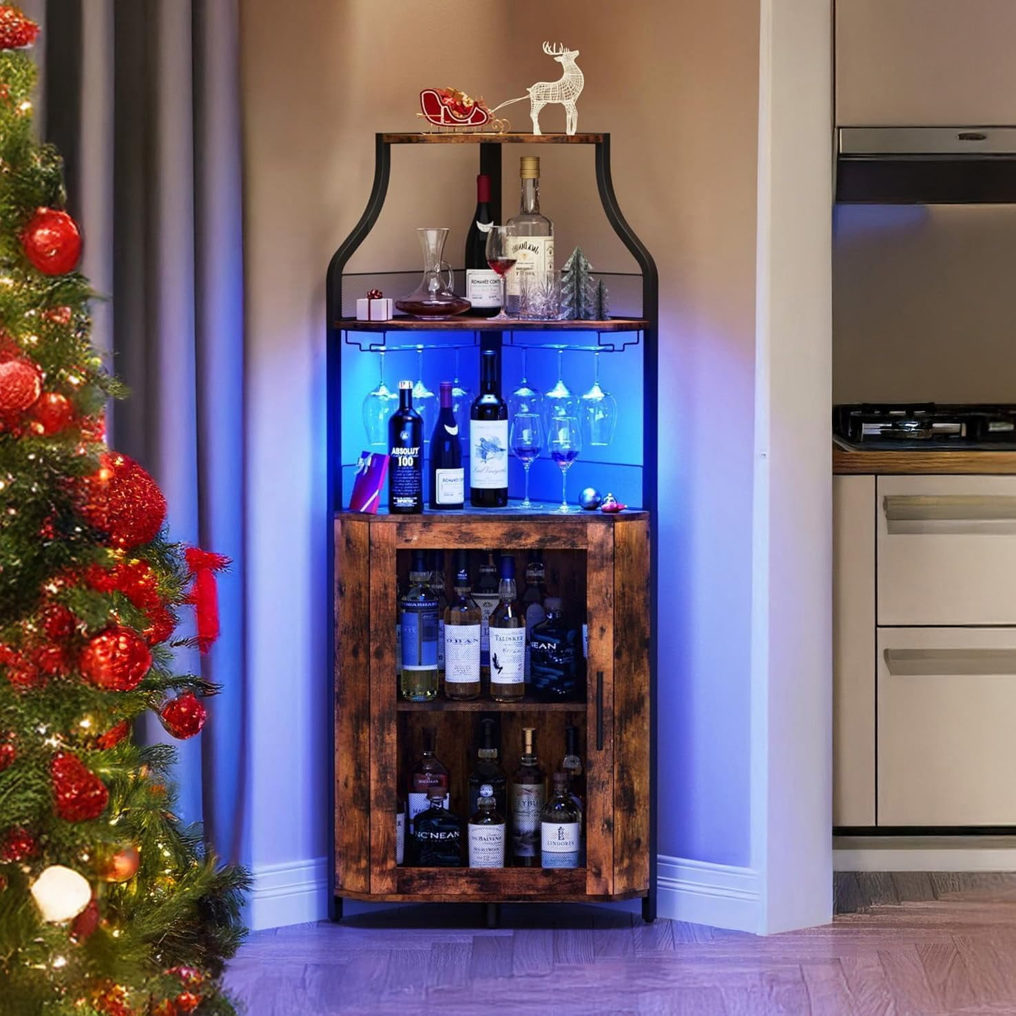 Corner Bar Cabinet with LED Light,Wine Bar Cabinet and Glass Holder 5 ...