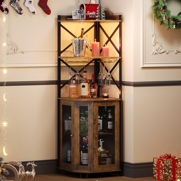 Corner Bar Cabinet with LED Lights, 5-Tier Industrial Wine Bar Cabinet with Glass Holder, Farmhouse Liquor Cabinets with Shelf and Door, Home Bar for Coffee Bars, Rustic Brown