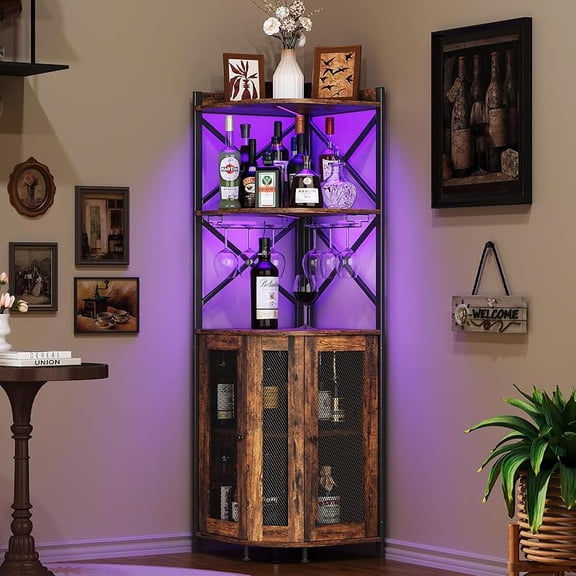 Corner Bar Cabinet with LED Lights, 5-Tier Industrial Wine Bar Cabinet with Glass Holder, Farmhouse Liquor Cabinets with Shelf and Door, Home Bar for Coffee Bars, Rustic Brown