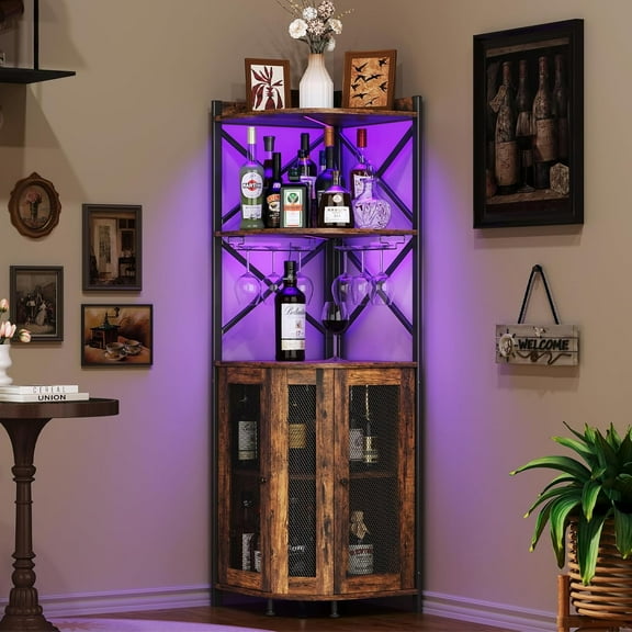 Corner Bar Cabinet with LED Lights, 5-Tier Industrial Wine Bar Cabinet with Glass Holder, Farmhouse Liquor Cabinets with Shelf and Door, Home Bar for Coffee Bars, Rustic Brown
