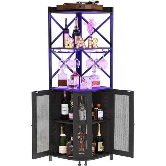 Corner Bar Cabinet with LED Lights, 5-Tier Industrial Wine Bar Cabinet with Glass Holder, Farmhouse Liquor Cabinets with Shelf and Door, Home Bar for Coffee Bars, Rustic Brown