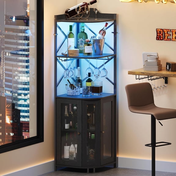 Corner Bar Cabinet with LED Lights, 5-Tier Industrial Wine Bar Cabinet with Glass Holder, Farmhouse Liquor Cabinets with Shelf and Door, Home Bar for Coffee Bars