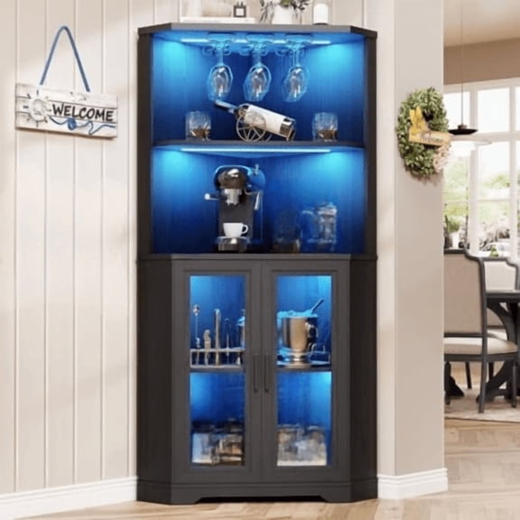 Corner Bar Cabinet with LED Lights, 65" Tall Wine Cabinet with Glass Holder & Tempered Glass Door, 4-Tier Liquor Alcohol Cabinet & Coffee Bar with Human Body Sensor for Dining Room, Black$$Furniture