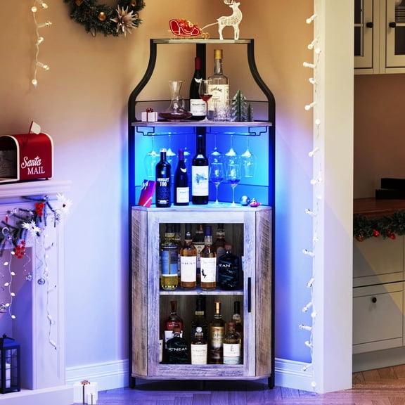 Corner Bar Cabinet with LED Lights, Industrial Liquor Cabinet with Adjustable Shelf, 5-Tier Industrial Wine Cabinet with Glass Holder, Home Bar Cabinet, Coffee Bar Cabinet