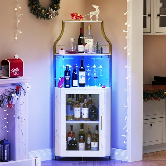 Corner Bar Cabinet with LED Lights, Industrial Liquor Cabinet with Adjustable Shelf, 5-Tier Industrial Wine Cabinet with Glass Holder, Home Bar Cabinet, Coffee Bar Cabinet
