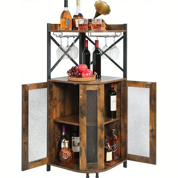 Corner Bar Cabinet with LED Lights,Industrial Wine Cabinet with Glass Holder,4-Tier Wine Cabinet with Door and Shelf,Farmhouse Home Bar for Liquor Wine Coffee Storage,Rustic Brown