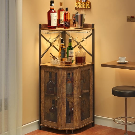 Corner Bar Cabinet with LED Lights,Industrial Wine Cabinet with Glass Holder,4-Tier Wine Cabinet with Door and Shelf,Farmhouse Home Bar for Liquor Wine Coffee Storage,Rustic Brown