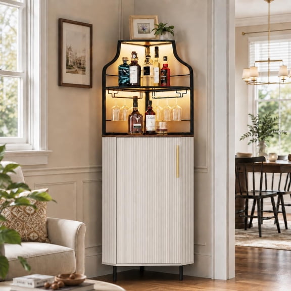 Corner Bar Cabinet with LED Strip, 4-Tiers Liquor Cabinet, White | Modern Corner Coffee Bar with Glass Holder, Fluted Wine Cabinet for Kitchen, Dining Room, Living Room