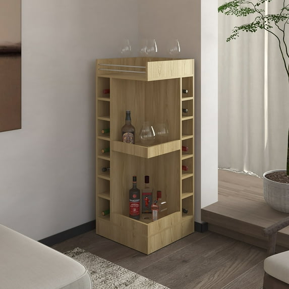 Corner Bar Cabinet, Liquor Cabinet Shelf, Corner Home Storage Cabinet Coffee Bar Wine Cabinet for Dining Room Living Room Kitchen Bathroom, Natural Wood
