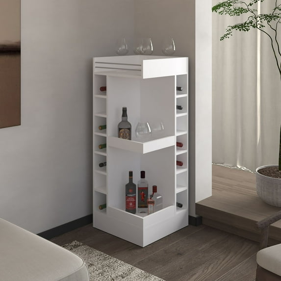 Corner Wine Cabinet with Secure Bottle Storage and Open Shelving, Space-Saving Design for Kitchen, Dining, or Living Room, White