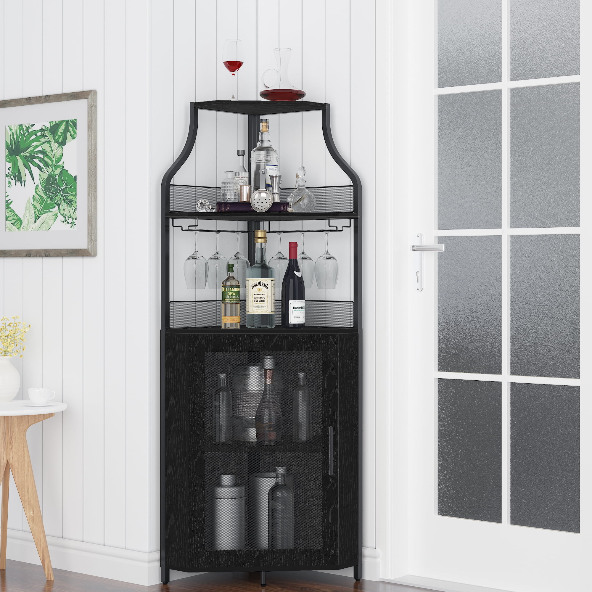 Corner Bar Cabinet for Liquor,Wine Bar Cabinet with Glass Holder, Liquor Bar Cabinet with Mesh Door and Adjustable Shelf, Liquor Cabinet Bar for Home Bar (Black)