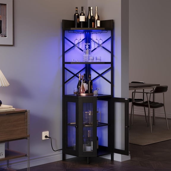 Corner Bar Cabinet with Power Outlet, 5-Tier Corner Wine Cabinet with Led Strip and Glass Holder, Industrial Tall Liquor Cabinet Bar Wine Rack for Home, Black