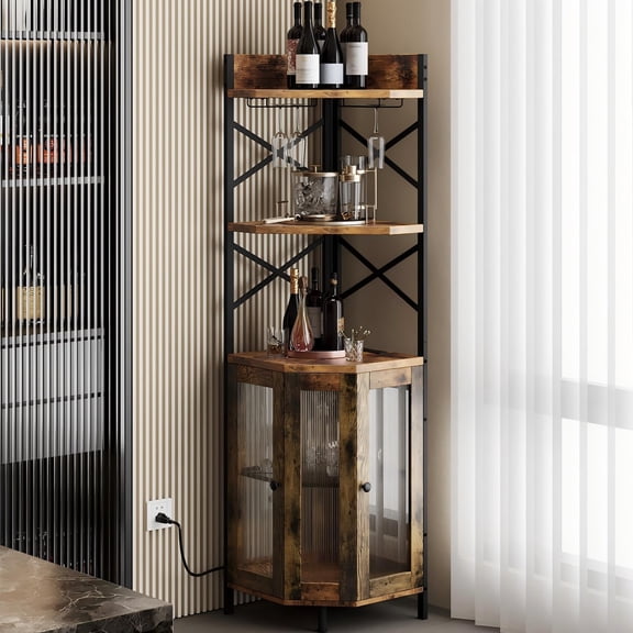 Corner Bar Cabinet with Power Outlet, 5-Tier Corner Wine Cabinet with Led Strip and Glass Holder, Industrial Tall Liquor Cabinet Bar Wine Rack for Home, Rustic Brown