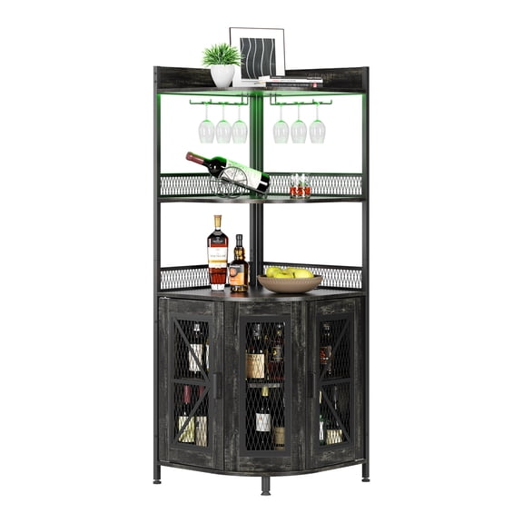 Corner Bar Cabinet with RGB LED Lights, Industrial Wine Rack with Glass Holder and Storage Shelves, Home Liquor Cabinet for Living Room, Dining Room and Kitchen