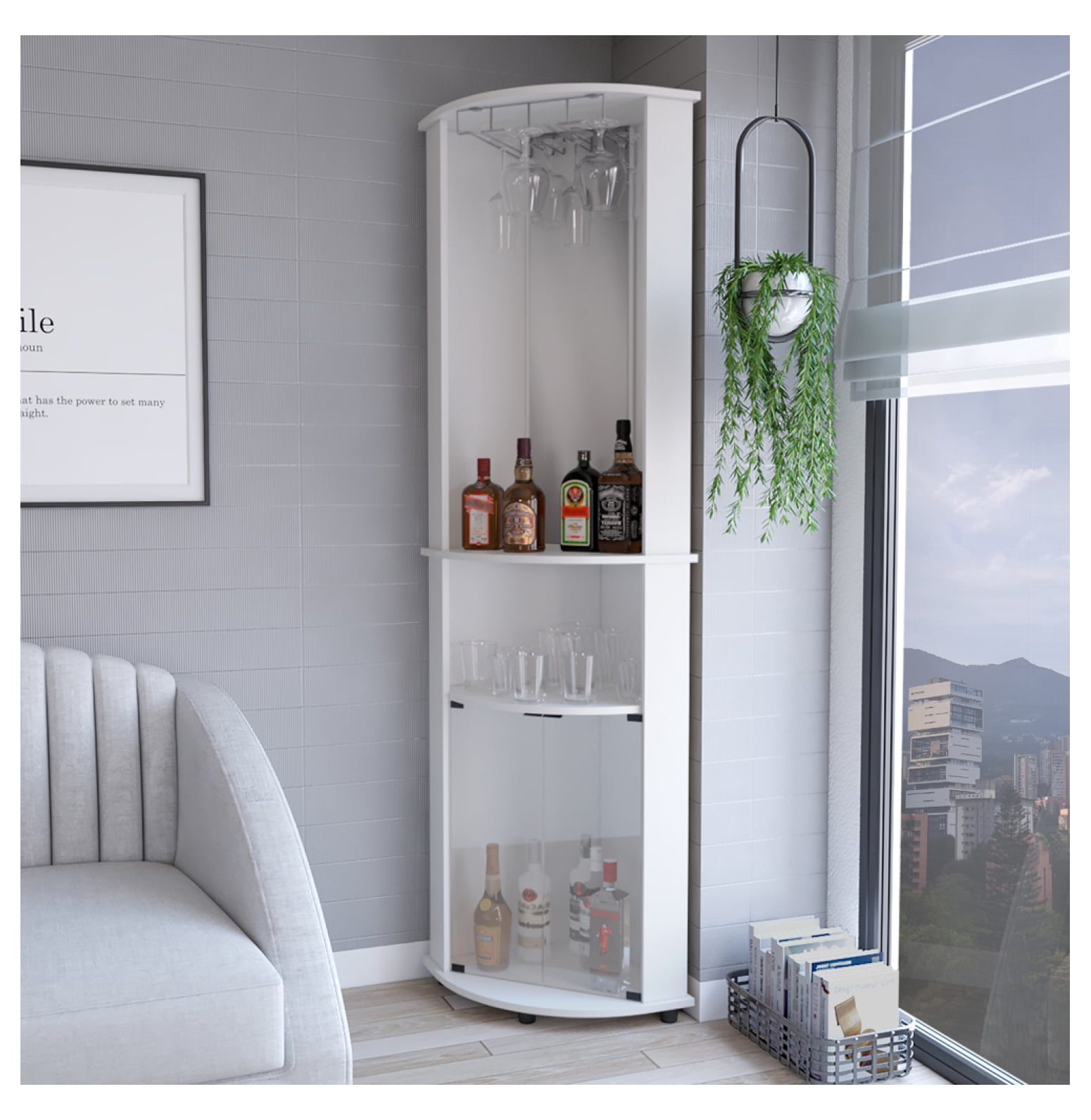 Corner Bar Cabinet Rialto, Living Room, White Vertical + 3-4 Shelves ...
