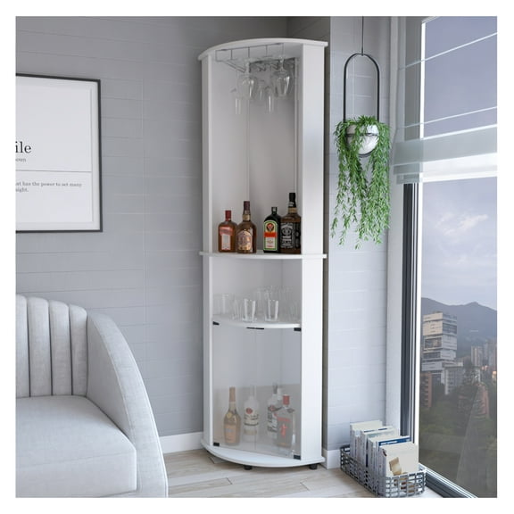 Corner Bar Cabinet Rialto, Living Room, White Vertical + 3-4 Shelves + White + White + Dining Room + Contemporary,Modern + Engineered Wood
