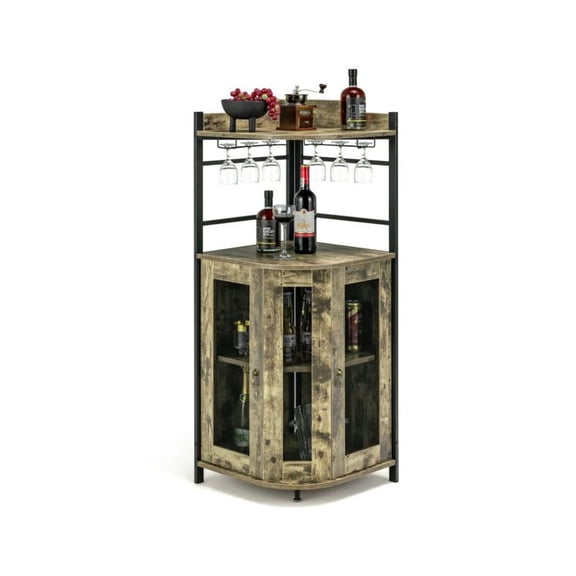 Corner Bar Cabinet - Rustic Brown, Industrial Style, Wine Glass Holder, Adjustable Shelf - Home Bar & Display Storage