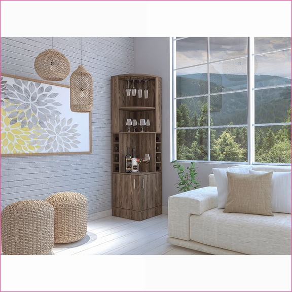 Corner Bar Cabinet, Syrah with 8 Cubbies & 12-Glass Rack | Modern | Particle Board