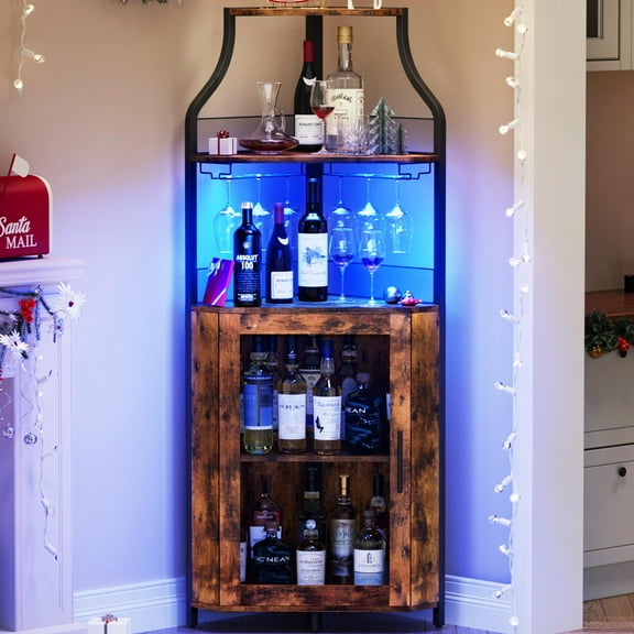 Corner Bar Cabinet - Wine Bar Cabinet with LED Strip and Glass Holder 5-Tiers Storage Space Corner Liquor Cabinet Industrial Wine Cabinet for Small Space