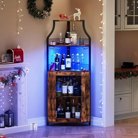 Corner Bar Cabinet Wine Bar Cabinet with LED Lights and Adjustable Shelf, 5-Tiers Corner Liquor Cabinet