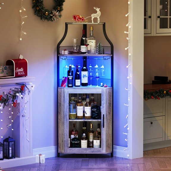 Corner Bar Cabinet Wine Bar Cabinet with LED Lights and Adjustable Shelf, 5-Tiers Corner Liquor Cabinet