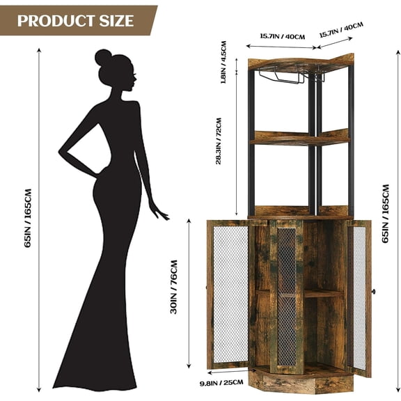 Corner Bar Cabinet with Wine Rack, 65" H 5-Tier Brown Wood Liquor Display with Magnetic Doors for Home, Living Room, Kitchen, Storage Solution Rustic Brown