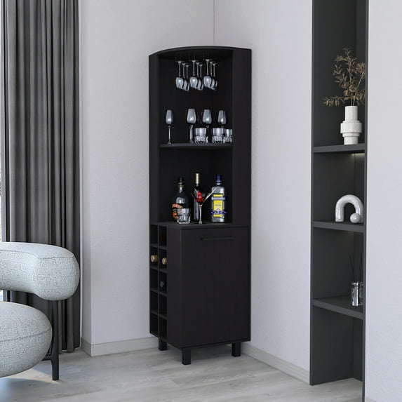 Corner Bar Cabinet With 4 Shelves - Built-in Wine Rack & Glass Holder Elegant Finish For Home And Storage Roomy Stylish Decoration