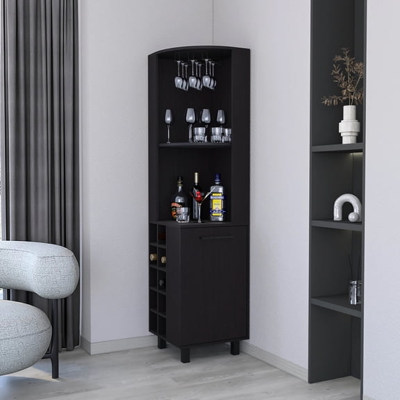 Corner Bar Cabinet With 4 Shelves - Built-in Wine Rack & Glass Holder Elegant Finish For Home And Storage Roomy Stylish Decoration