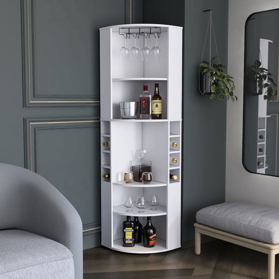 Corner Bar Cabinet in White | Five Shelves for Organizing Bar Utensils in Living Room