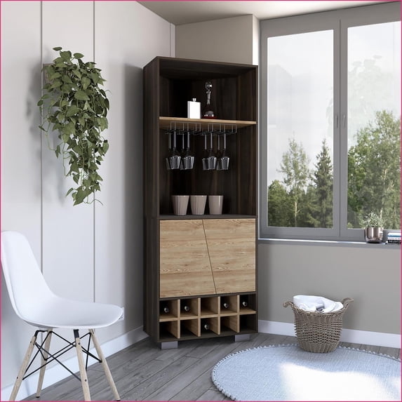 Corner Bar Cabinet with 10 Wine Rack, Double Door & 2 Shelves | Modern | Particle Board
